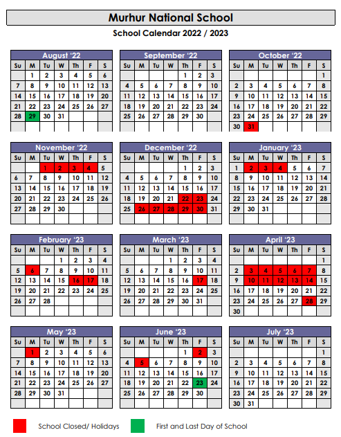 School Calendar - Murhur National School - Moyvane, Co. Kerry